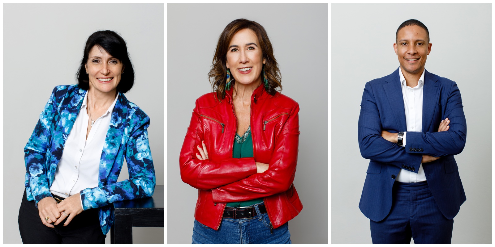 Business portraits photographed against a grey wall in studio.